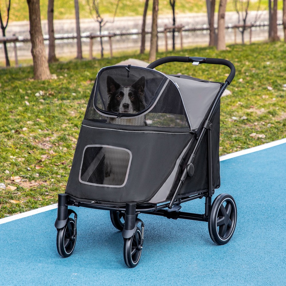 PawHut One-Click Foldable Pet Stroller With Shock Absorber, Gray