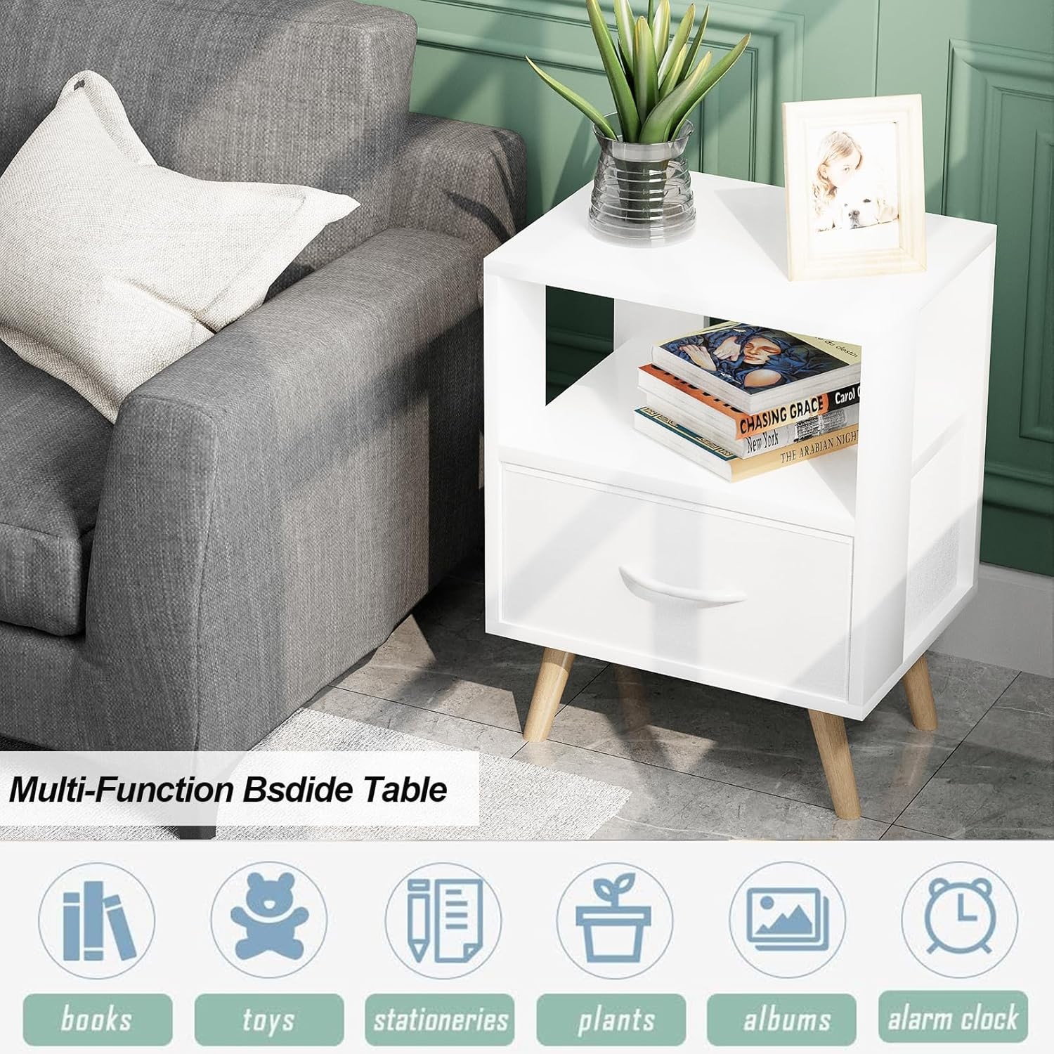 Night Stand White Kids Nightstand W/ Drawer Nursery Side Table W/ Open Storage