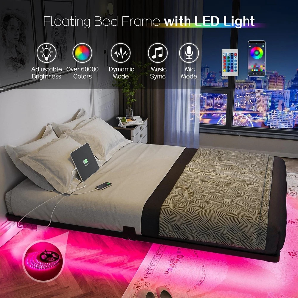 **OLEVS Full Floating Bed Frame w/ LED Lights & Charging Station – No Box Spring