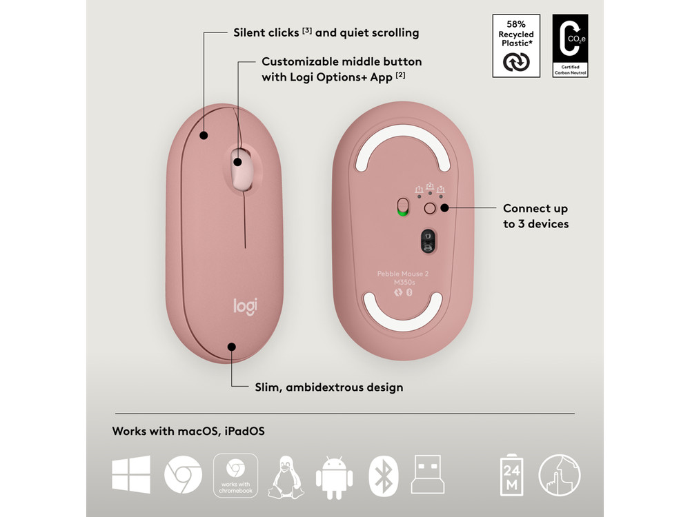 Logitech Pebble 2 Combo Wireless Quiet Keyboard and Mouse, Customisable, Logi Bo