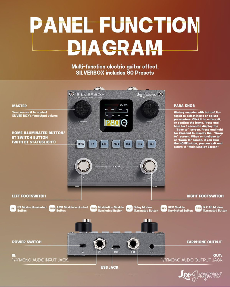 Leo Jaymz Portable Guitar/Bass Multi-Effects Processor 6 Modules 80 Presets