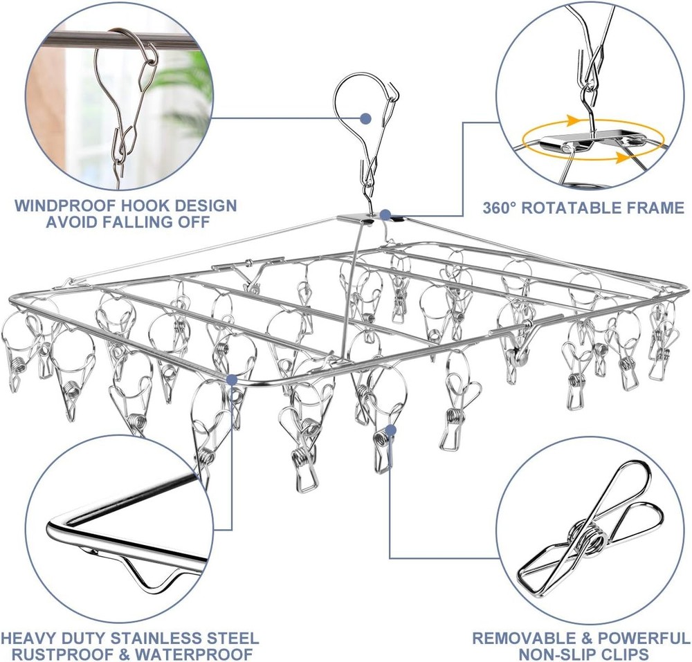 Drying Rack, 52 Clips Stainless Steel Laundry Drying Rack Folding