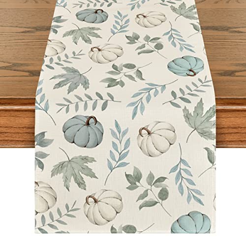 Pumpkins Fall Eucalyptus Leaves Table Runner, 13" x 72", Table Runner Blue