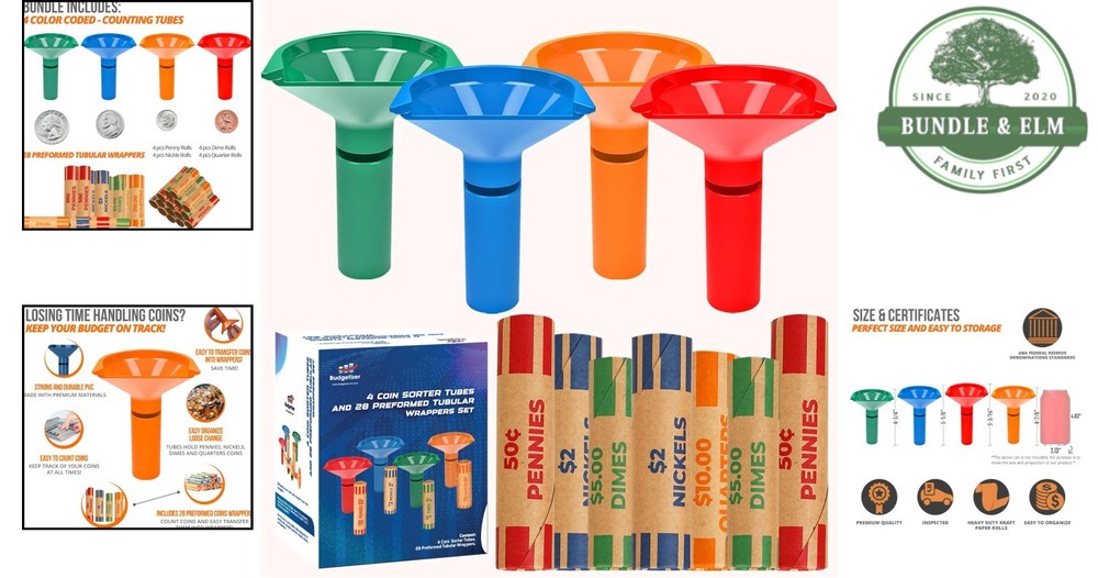 28 Coin Wrappers + 4 Color-Coded Tubes for Efficient Coin Sorting - Value Pack