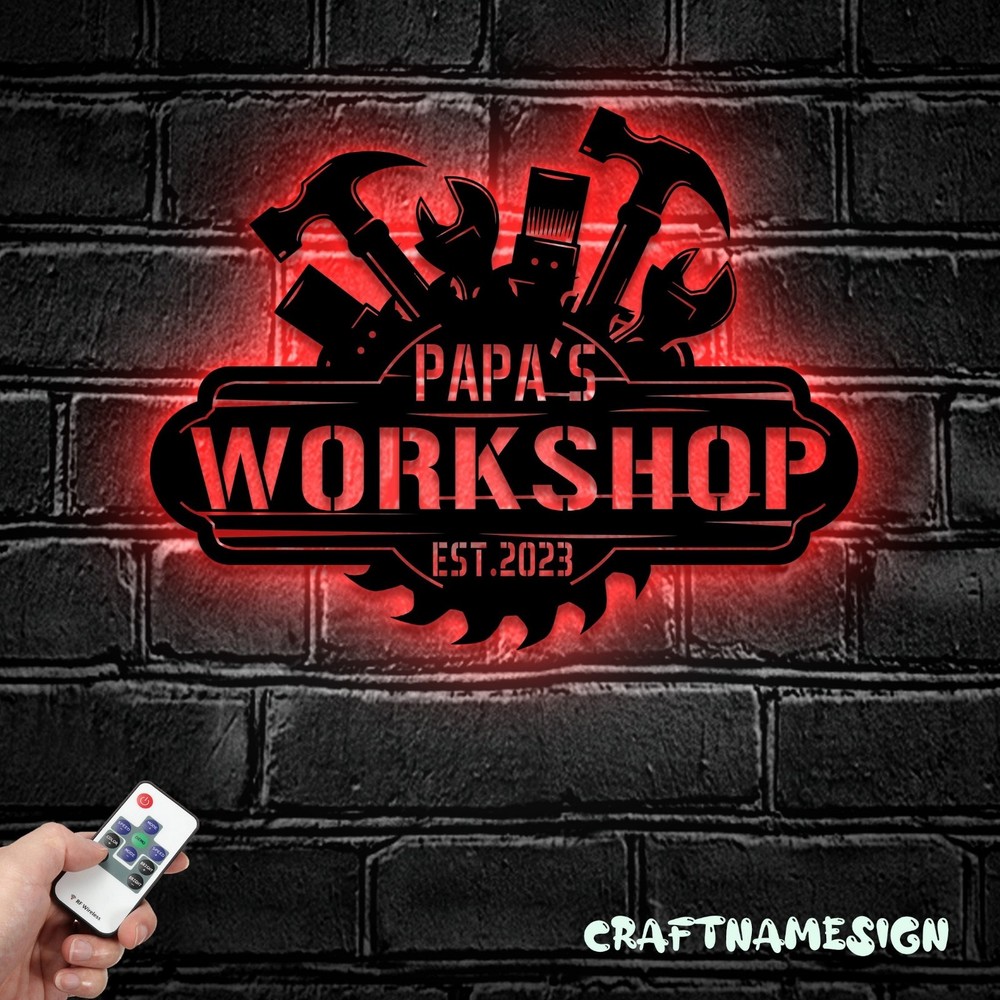 Personalized Garage Metal LED Sign, Custom Workshop Name Decor
