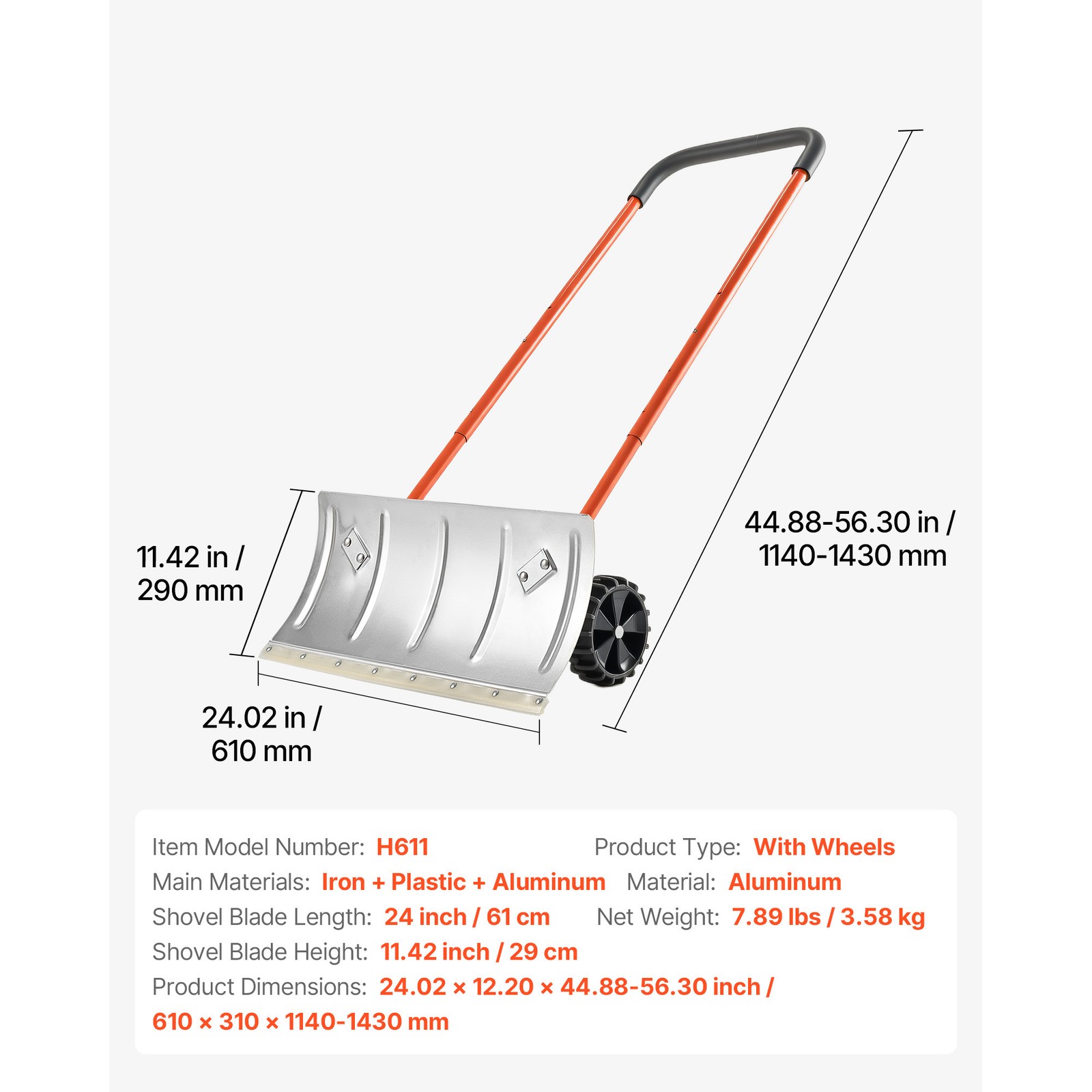 Snow Shovel with Wheels 24" Durable Metal Snow Removal Pusher Plow for Driveway