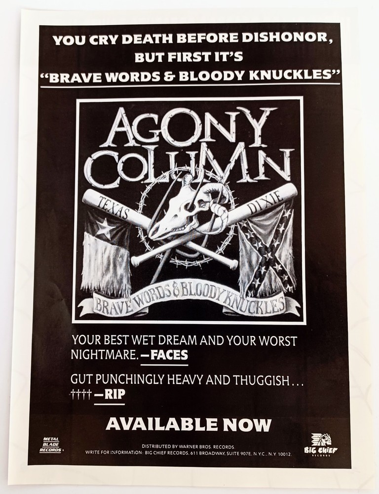 AGONY COLUMN BRAVE WORDS & BLOODY KNUCKLES~1991 ALBUM PROMO 8X11 PRINT AD POSTER