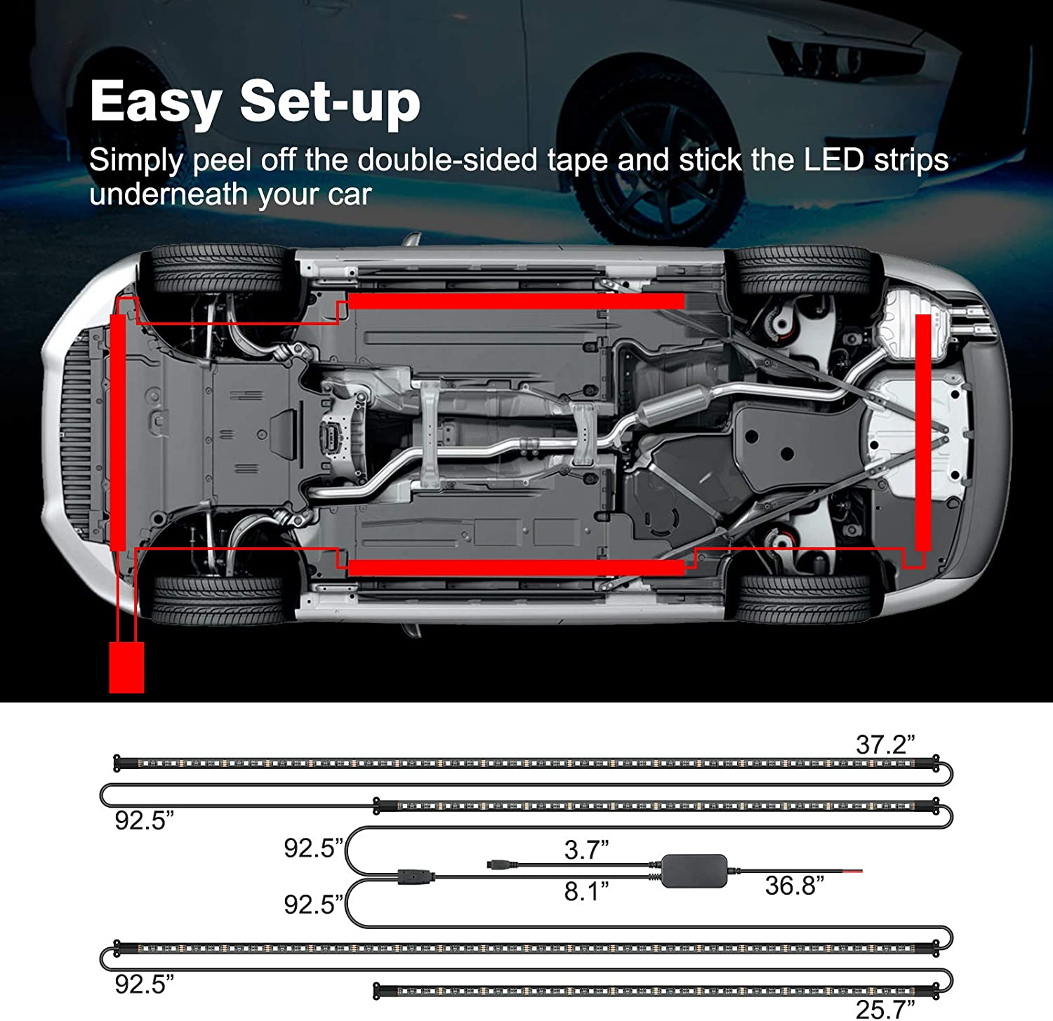 RGB LED Remote Strip Under Car Tube Underglow Underbody System Neon Light Kit