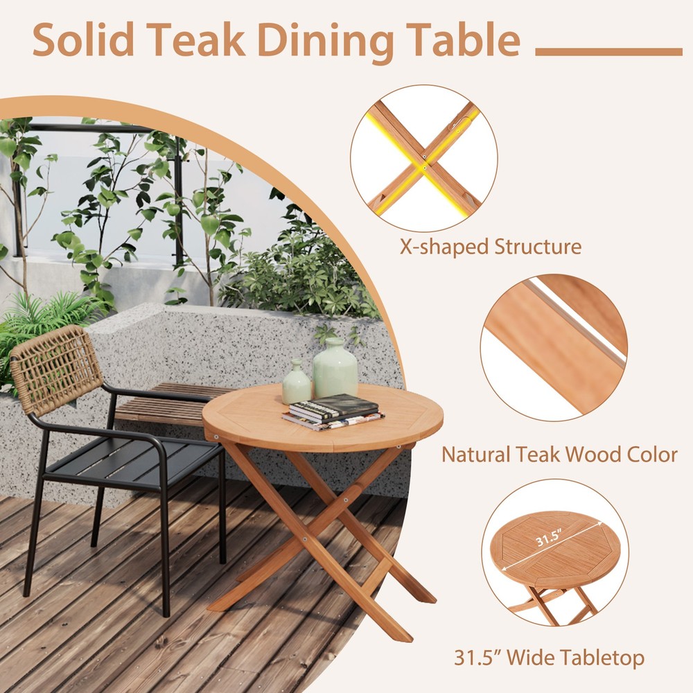 31.5-inch Round Outdoor Folding Table Patio Solid Teak Dining Table