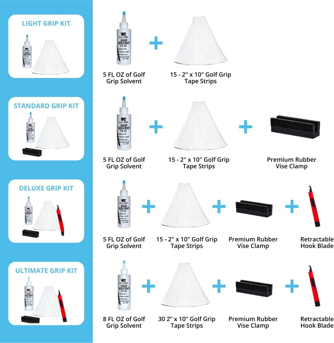 Golf Club Grip Kit - Options Include: Solvent, Grip Tape, Vise Clamp, Hook Blade