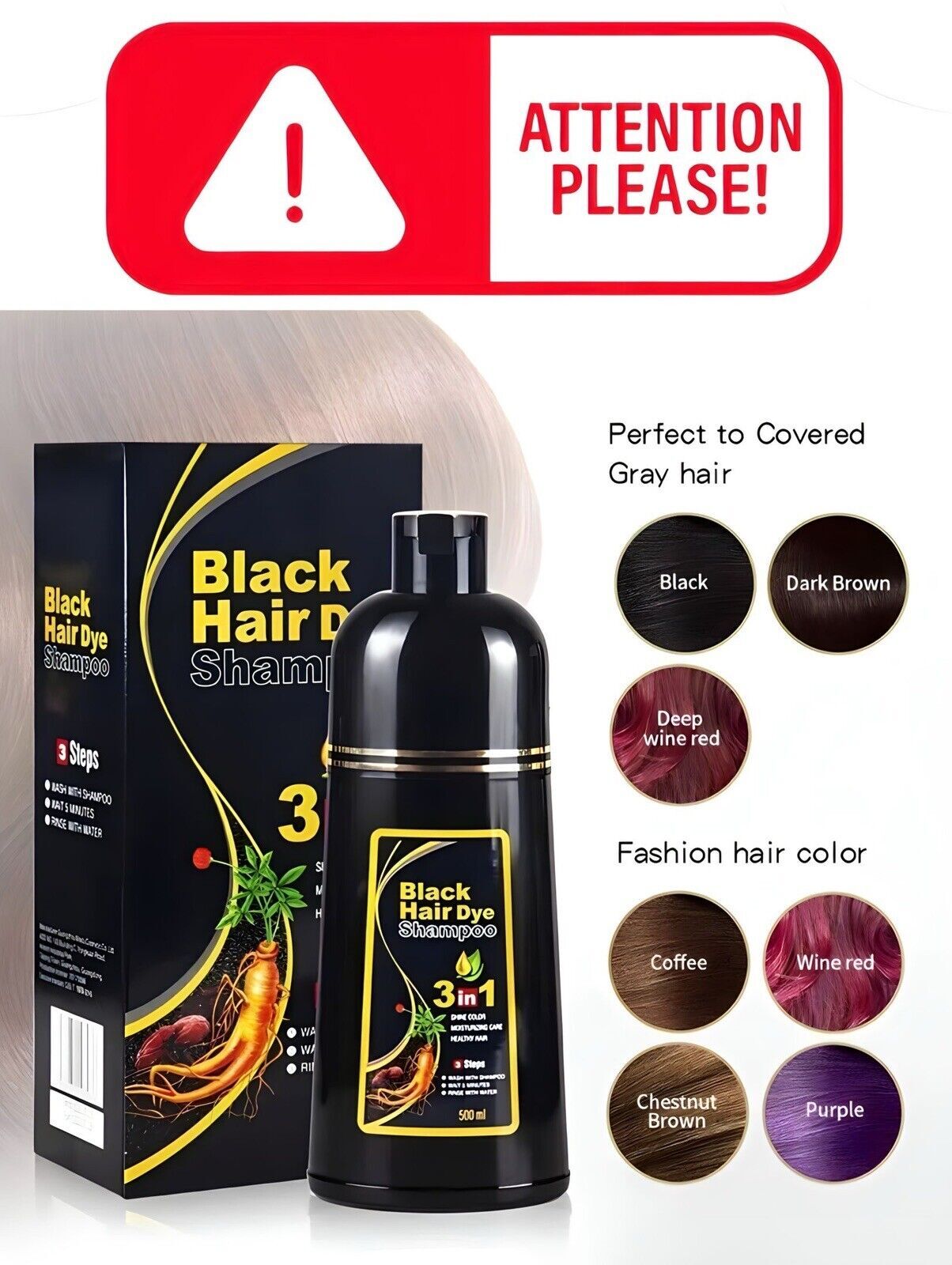 Hair Dye Shampoo 3 in 1 for Women & Men 100% Gray Hair Coverage Champu Con Tinte