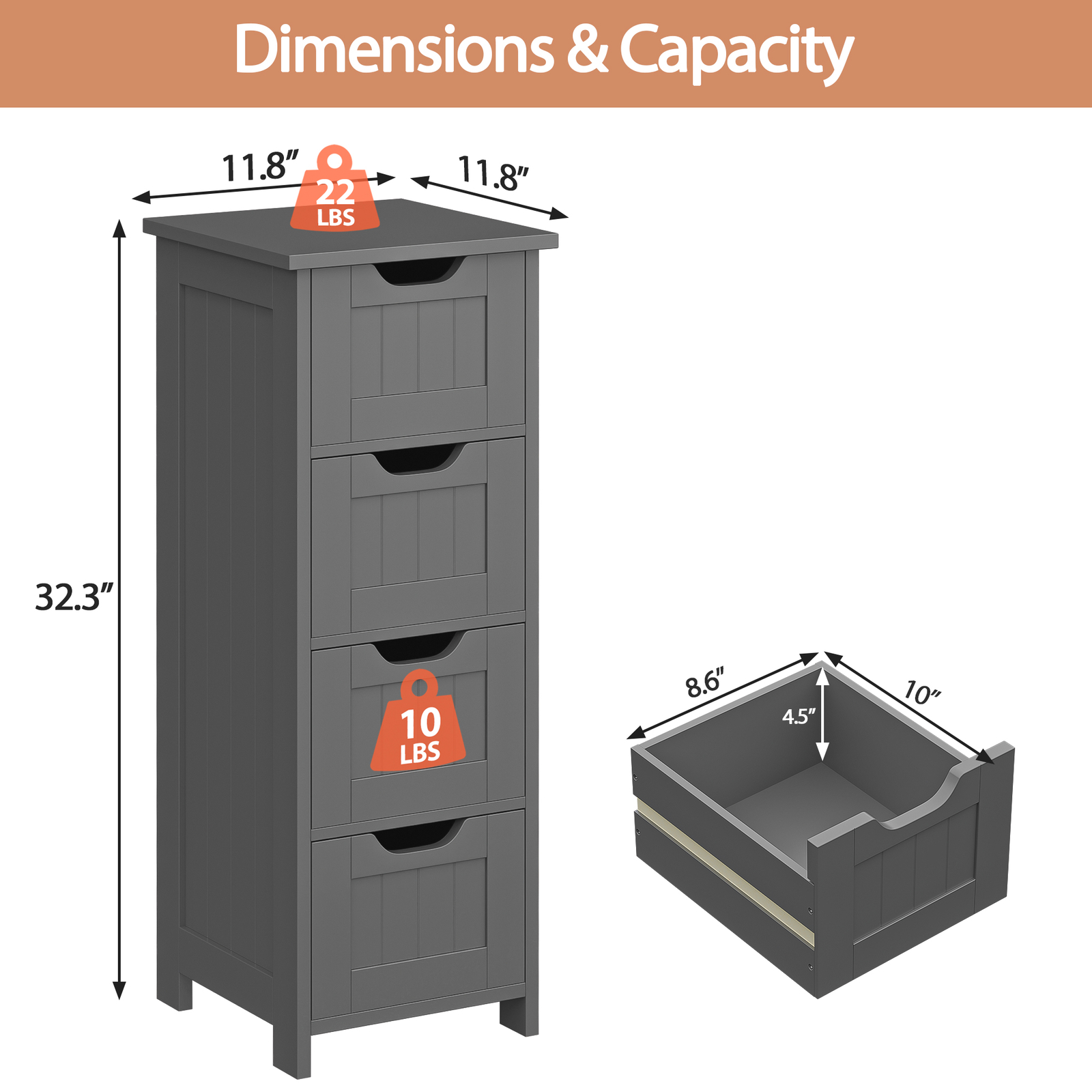 Bathroom Floor Cabinet with 4 Drawers Sturdy Storage Organizer Cabinet Gray