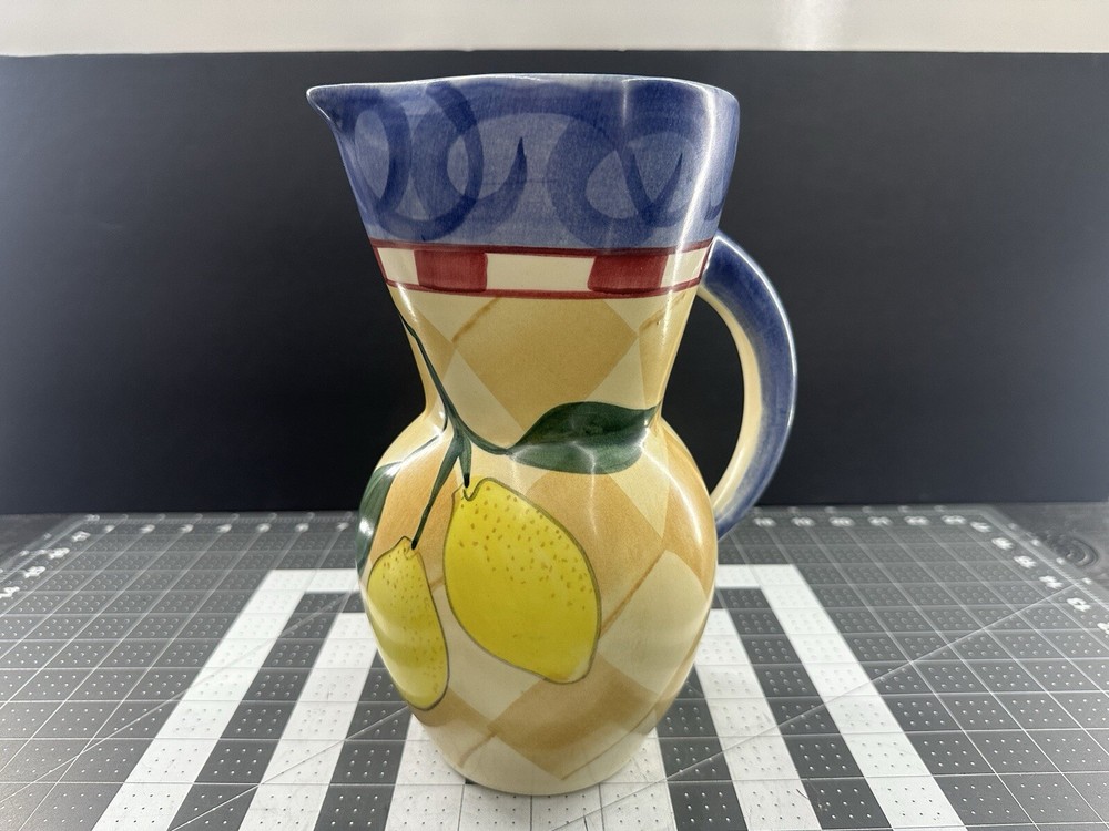 Ceramic Pitcher Checkboard Lemons Hand Painted For Lemonade Drinks Punch