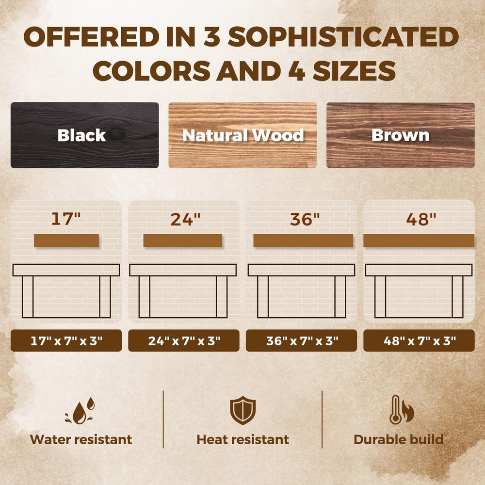 48x3x7in Solid Wood Floating Shelf – Brown Rustic Wall Mounted Fireplace M