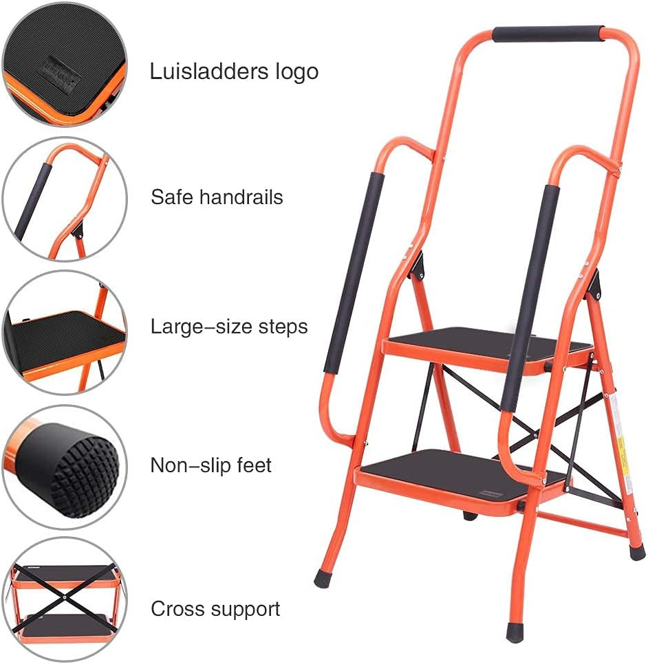 LUISLADDERS 2 Step Ladder, Folding Step Stool with Handrails, Step Ladder 2 Step