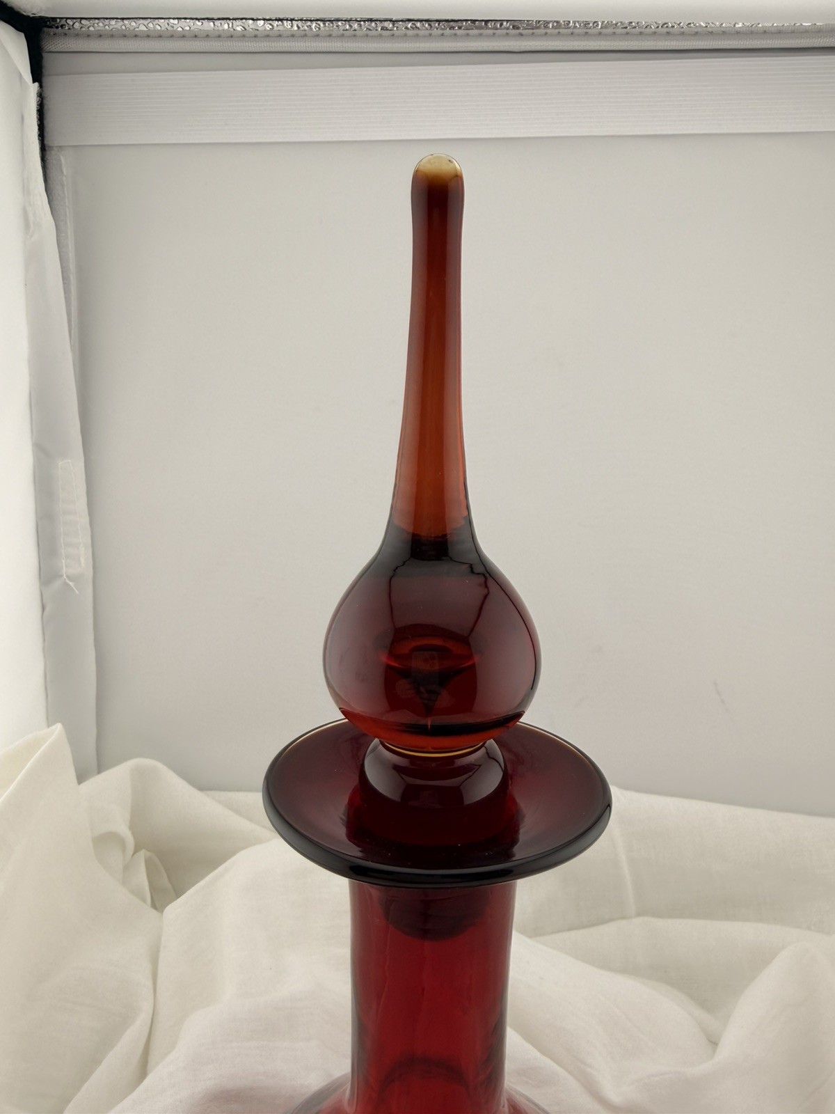Vintage Blenko Red Glass Decanter Hand Blown Mid Century Modern Art Glass Ruby