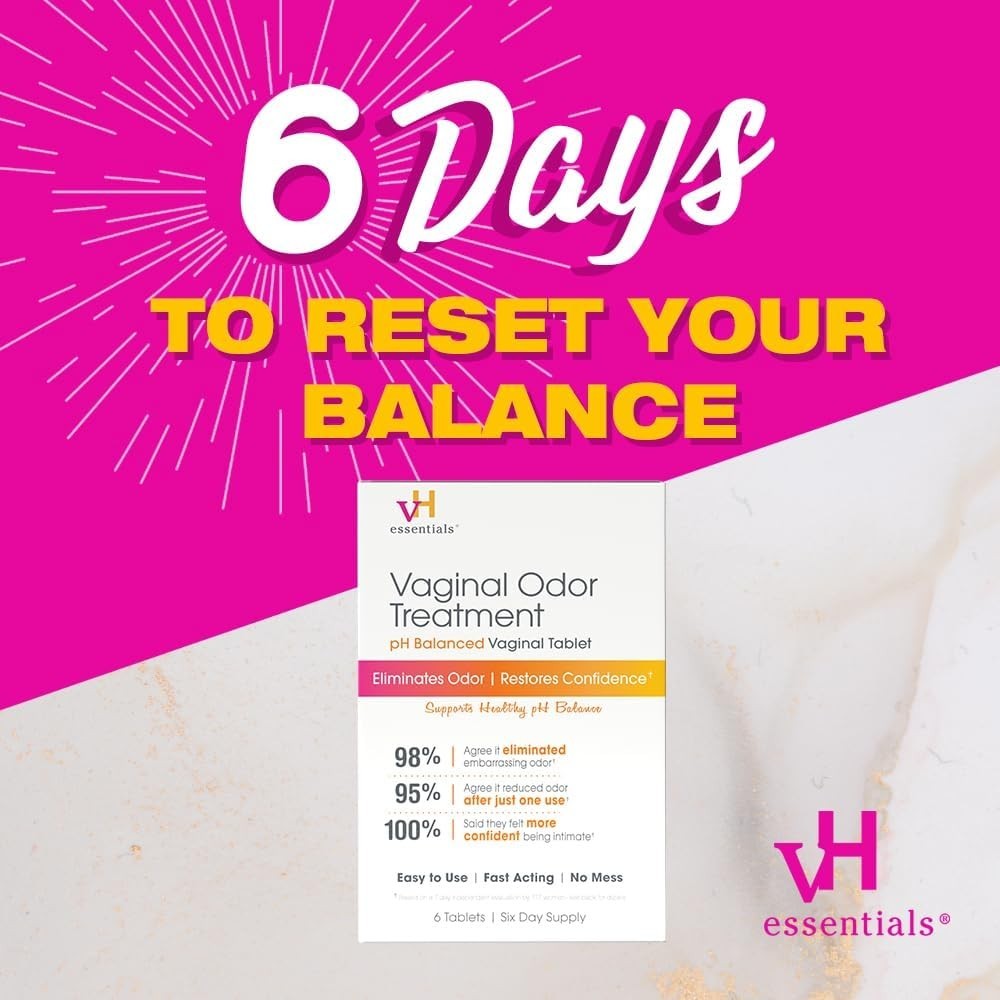 vH essentials Vaginal Odor Treatment, pH Balanced Suppositories, 6 Tablets
