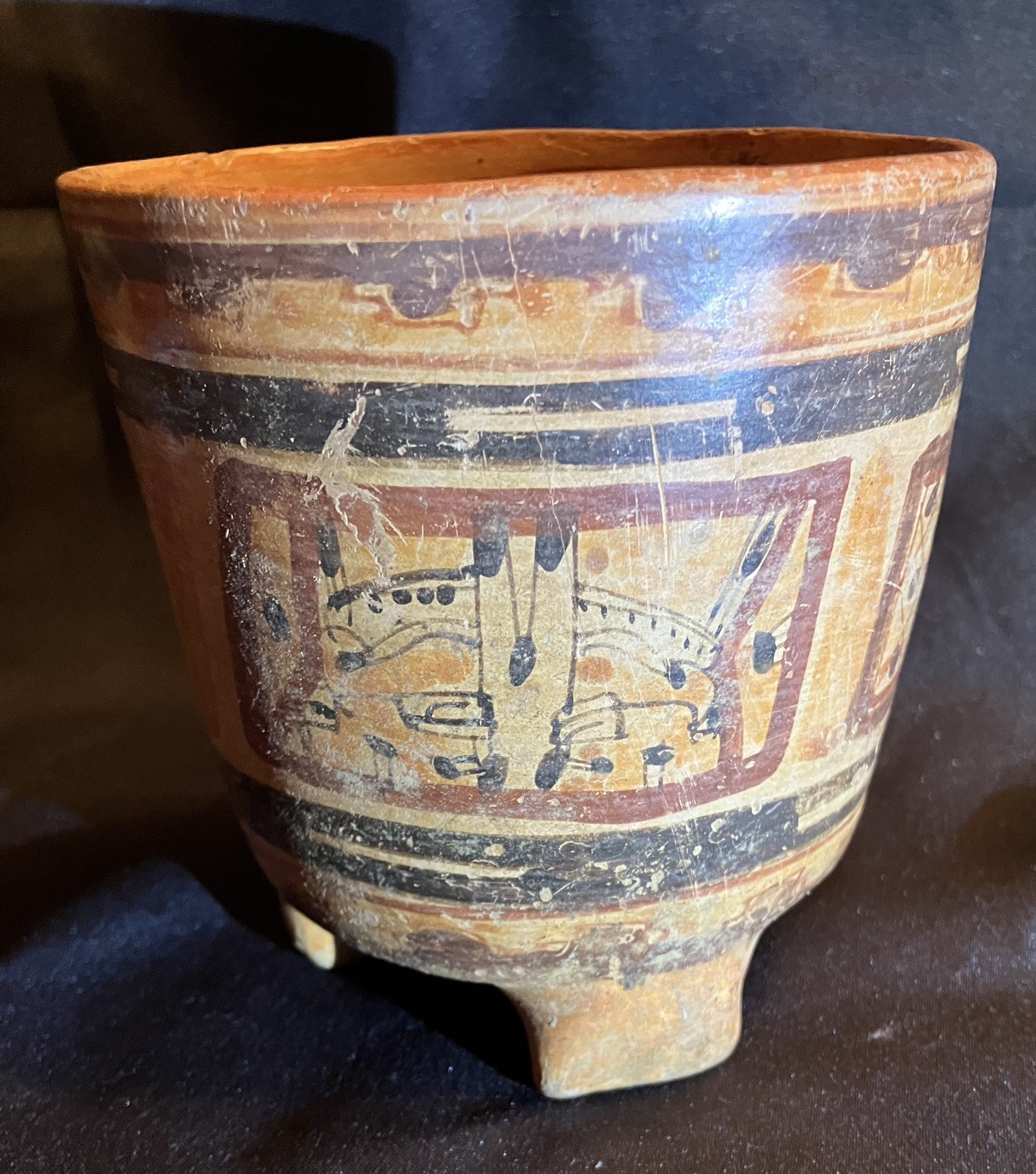 Authentic Pre-Columbian painted Mayan Rattle Leg Ulua Pottery Jar 600-800 AD