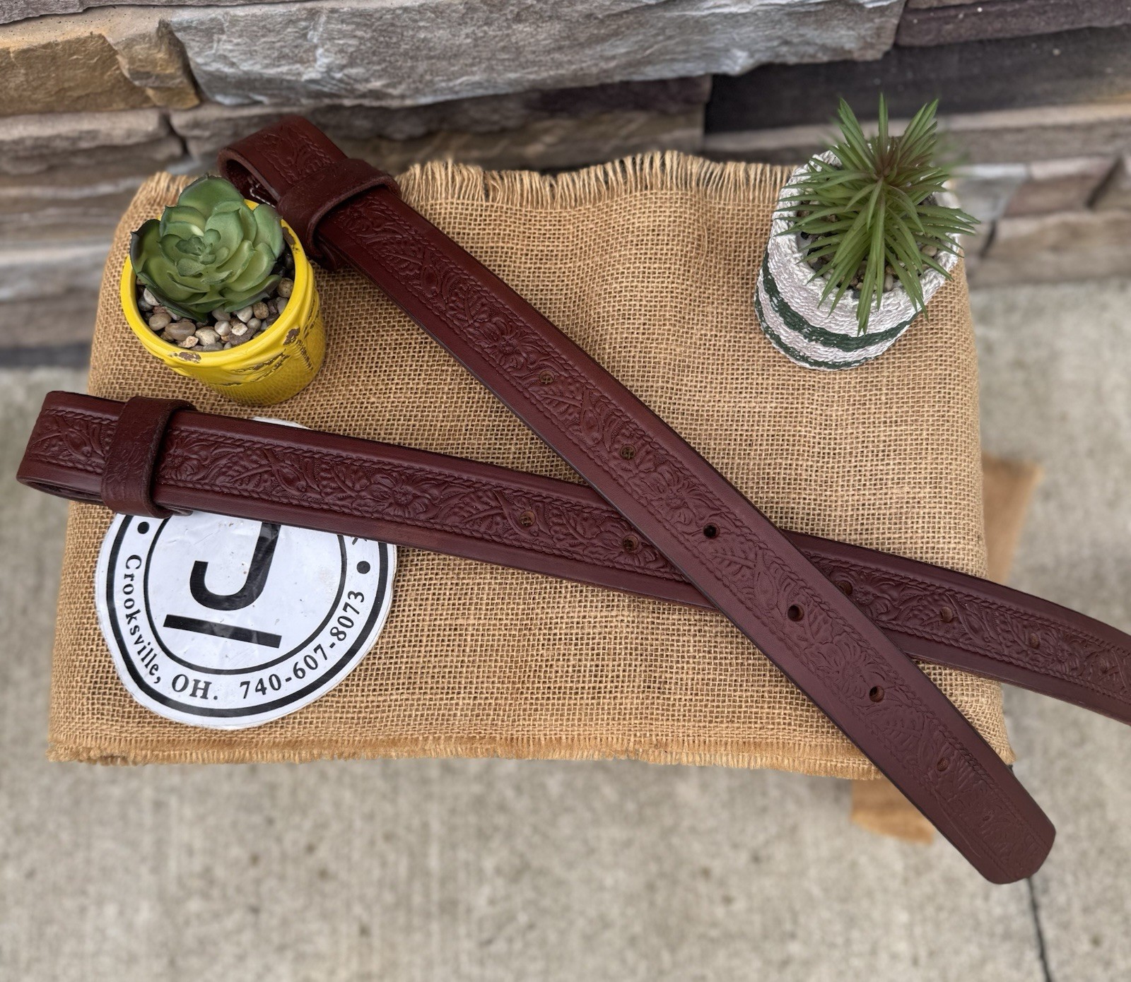 Handmade Leather Back Cinch Billets, Pair, Floral, USA Leather