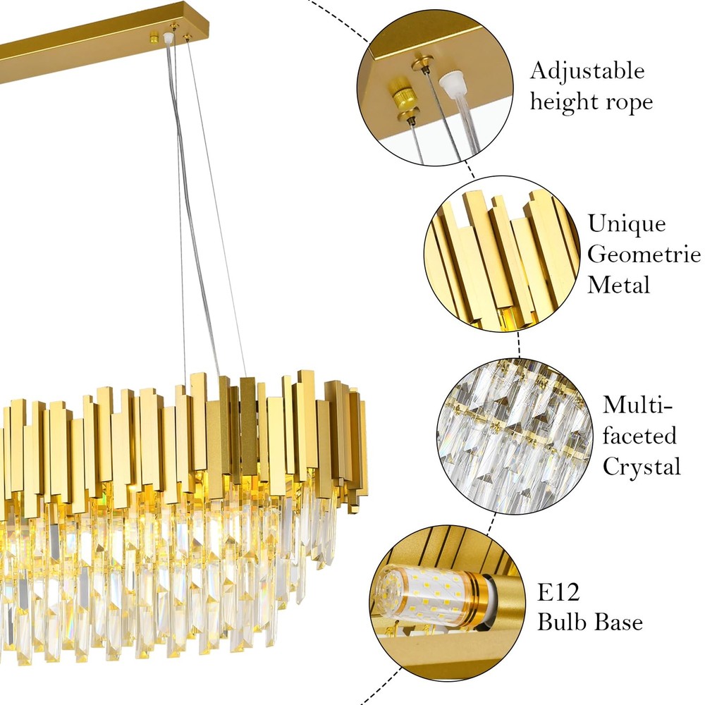 11 Lights Rectangular Crystal Chandelier Modern Luxury Pendant Light for Dini...