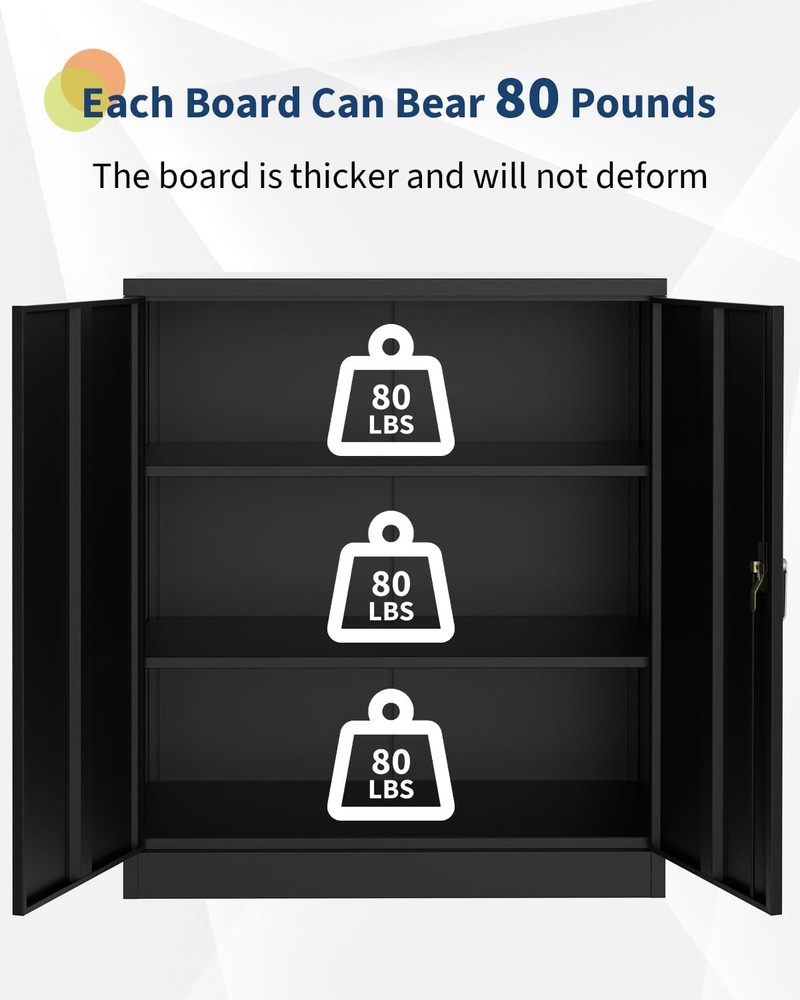 Metal Storage Cabinets With Lockable Handle Doors & Adjustable Shelves Black