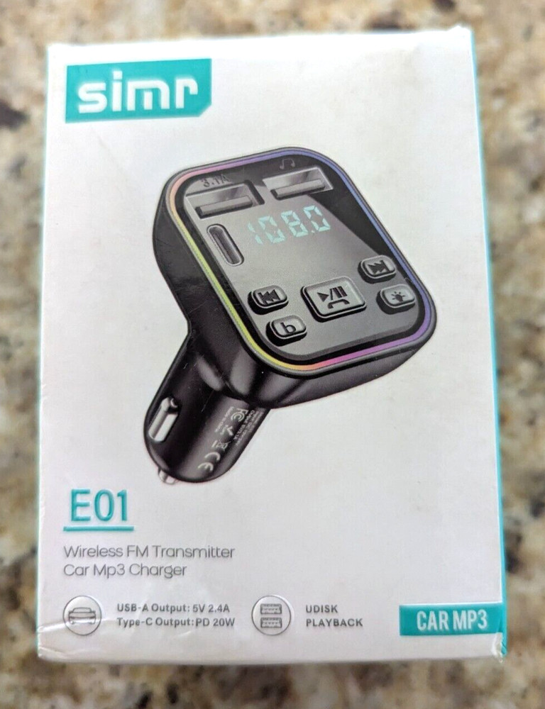 simr E01 Wireless FM Transmitter Car MP3 Charger  type c UDisk Playback