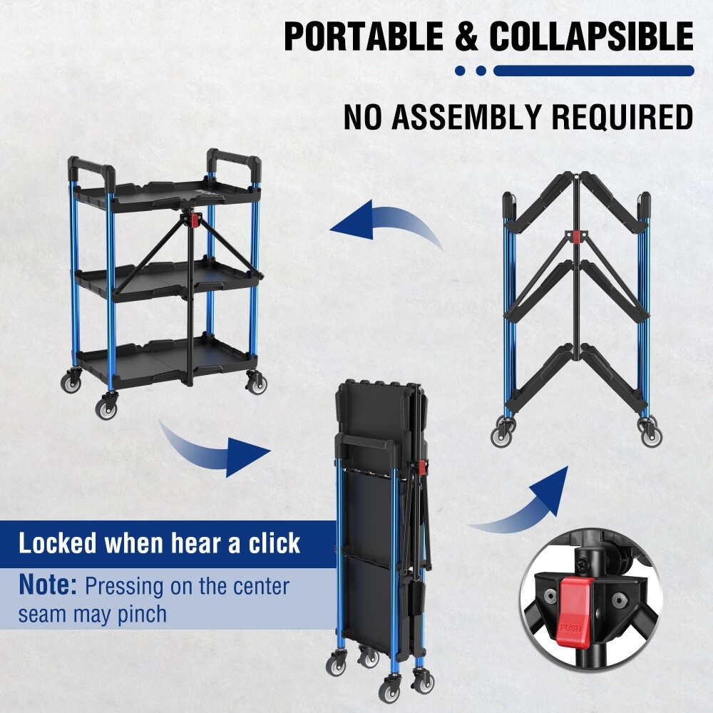 WORKPRO Portable 3-Tier Collapsible Service Cart Folding Tool Cart w/Wheel 210lb