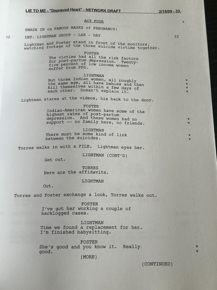 ORIGINAL SCRIPT LIE TO ME DEPRAVED HEART NETWORK DRAFT TIM ROTH WILLIAMS