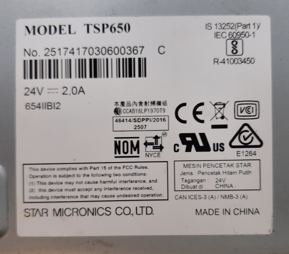 Star Micronics TSP650 II Receipt Printer w/Bluetooth -Power Tested-No AC Adapter