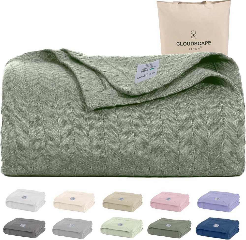 CLOUDSE  Cotton King Size Blanket - Herringbone Weave - 92x108 Soft