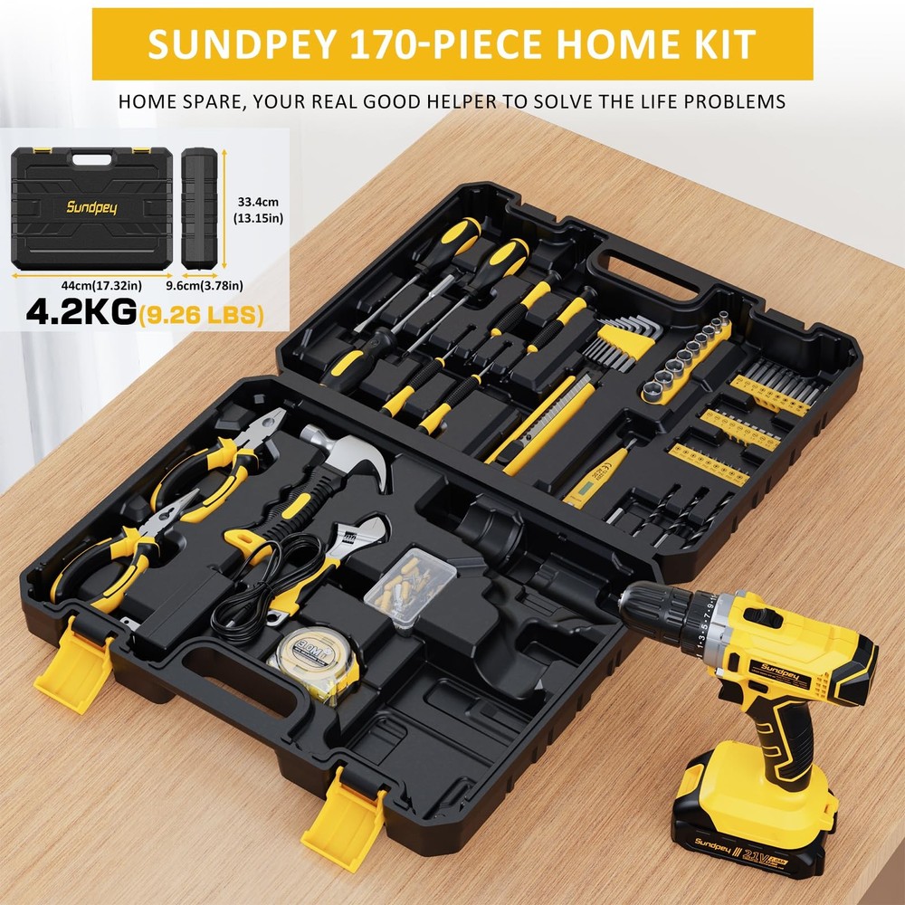 Tool Kit with 21V Drill - 170-PCs Portable General Basic Home Repair Tool Set...