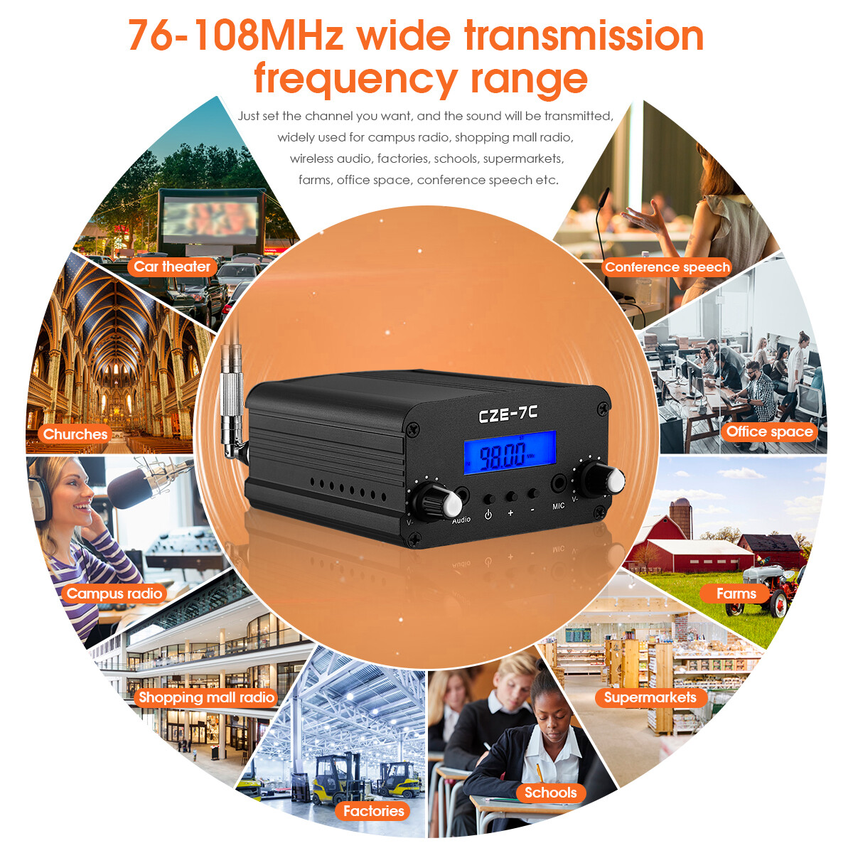 7W Wireless FM Transmitter for Church Long Range Stereo Broadcast Station Radio