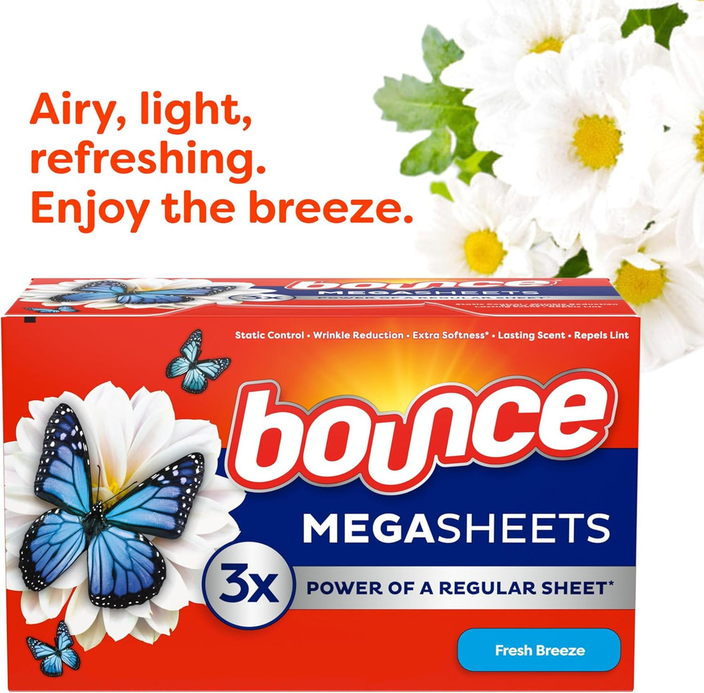 Bounce Mega Dryer Sheets, Fresh Breeze, 130 Count, Mega Fabric Softener Sheets w