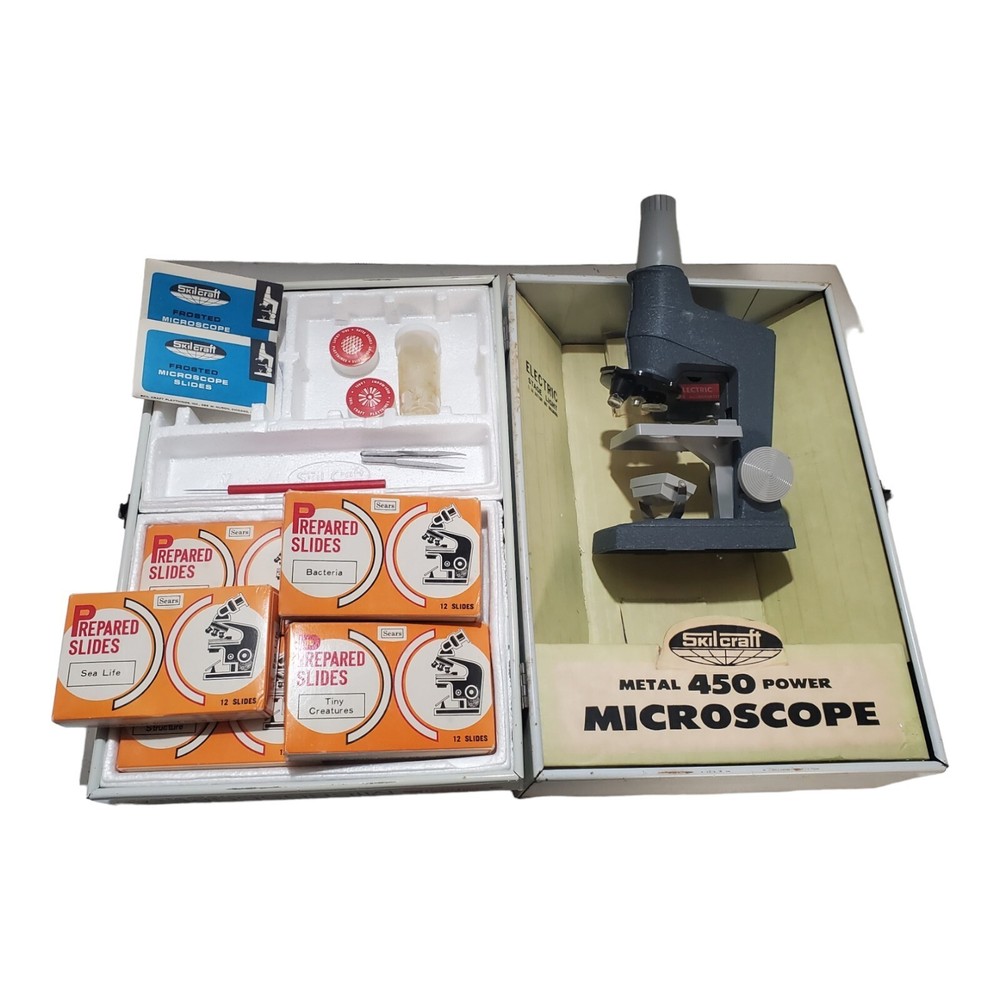 Vintage SKILCRAFT MICROSCOPE LAB set Meta Case 450 power