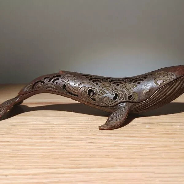 Old Chinese Handmade Red Copper Water Ripple Pattern Fish Shape Incense Burner