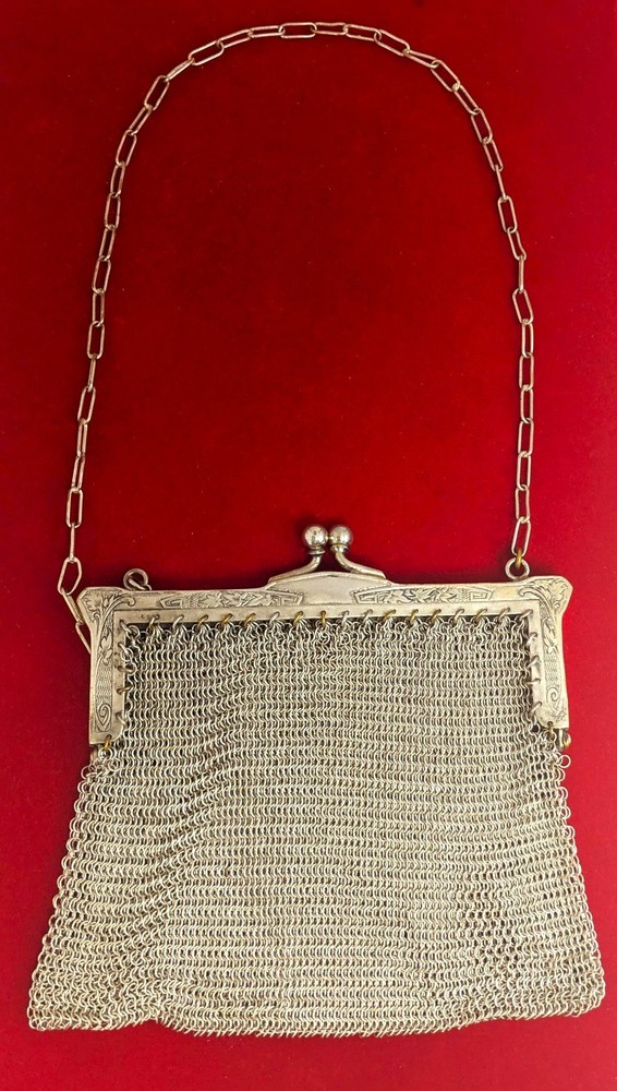 German Silver Mesh Handbag, 5" by 4-3/4"