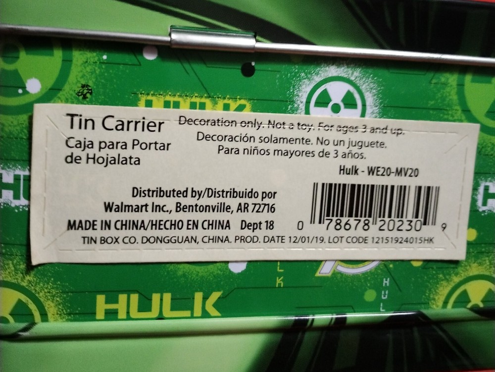 Marvel Avengers Hulk Tin Carrier 2019 Pre-owned Read Description