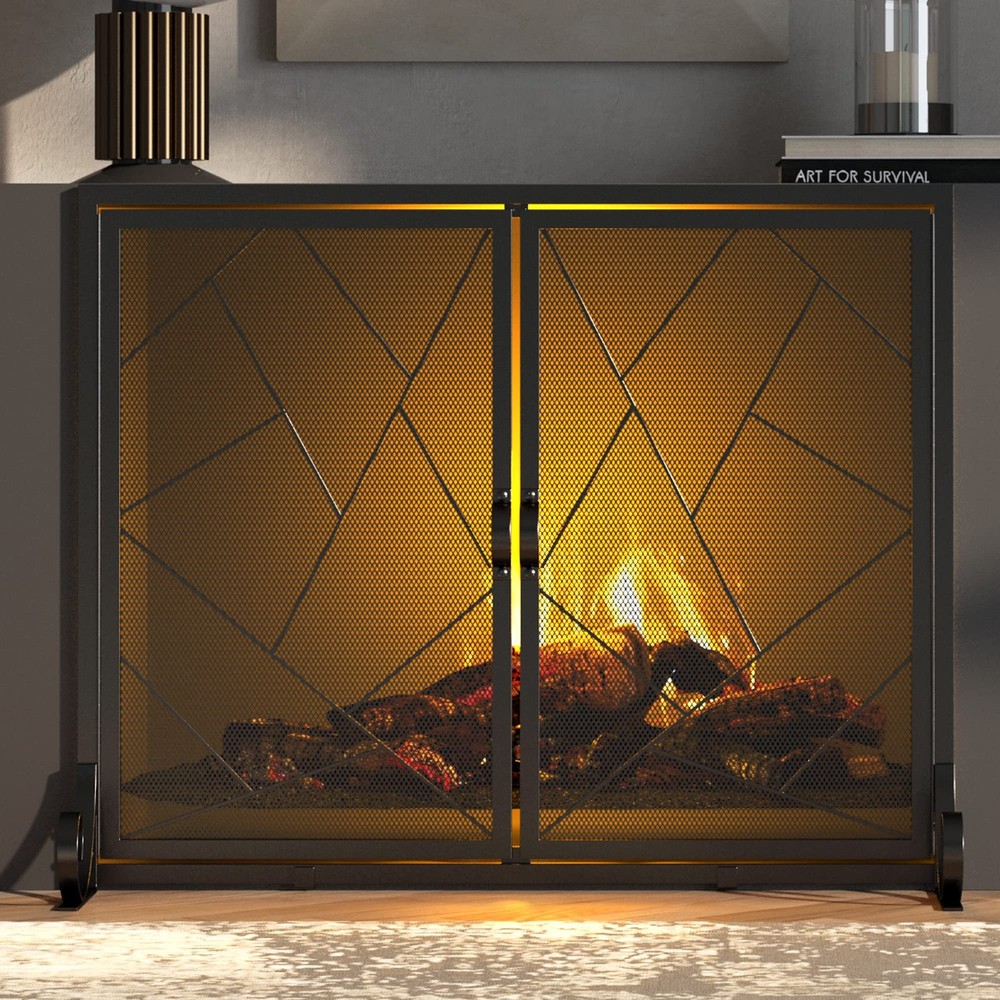 Fireplace Screen with Hinged Doors Cast Iron Border Sturdy Steel Frame Durabl...