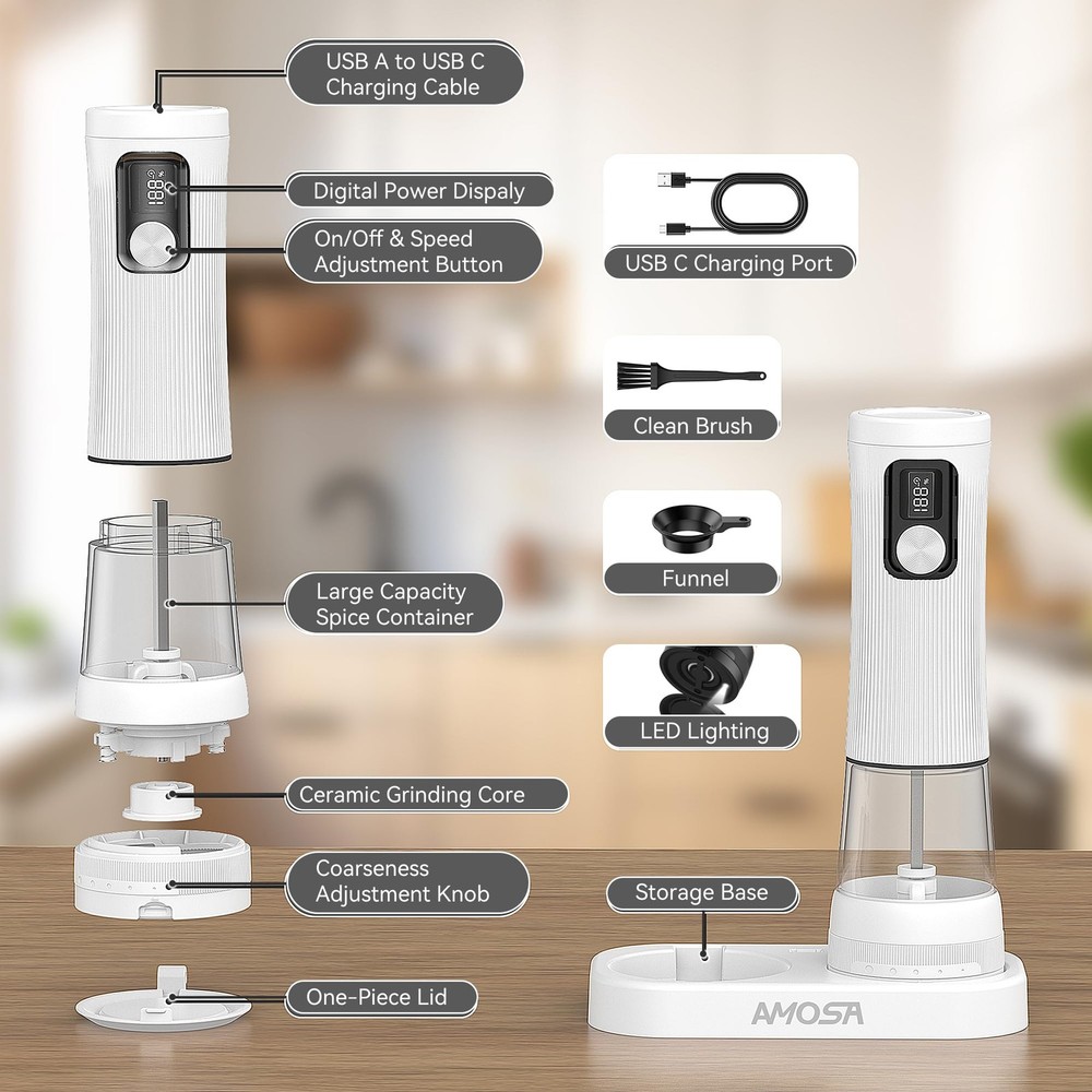 Salt and Pepper Grinder Set, Upgrade 2-Speed Setting, External 5 Adjustable C...