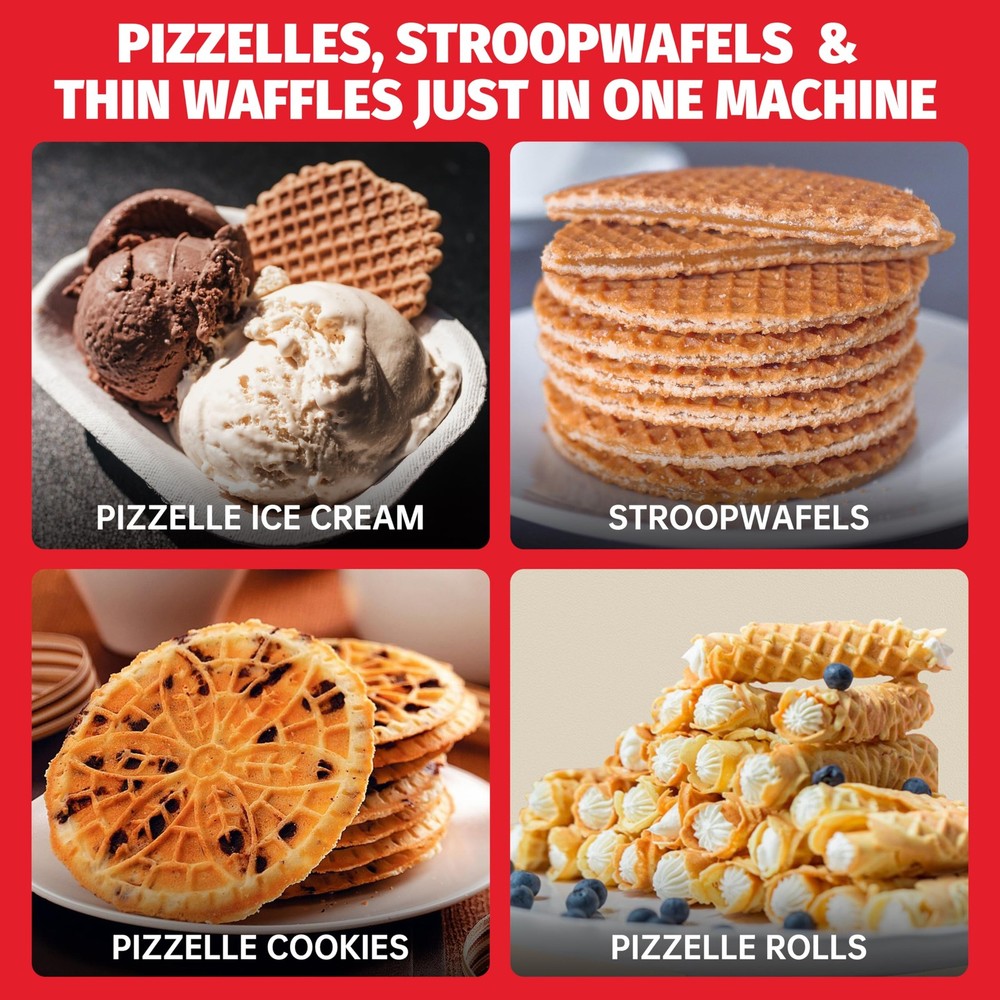 Mini Pizzelle Maker Machine with a 3'' Cutter, Mini Stroopwafel Iron, Bake 2 ...