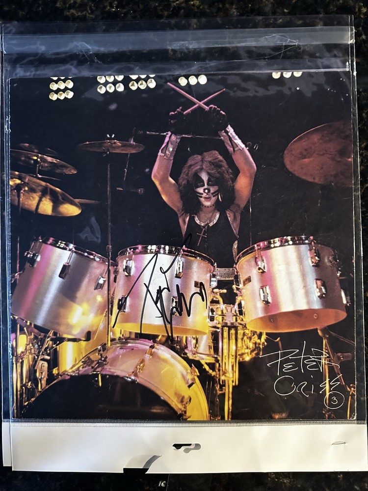 Peter Criss Hand Signed Solo Photo Record Insert KISS Drummer 12x12