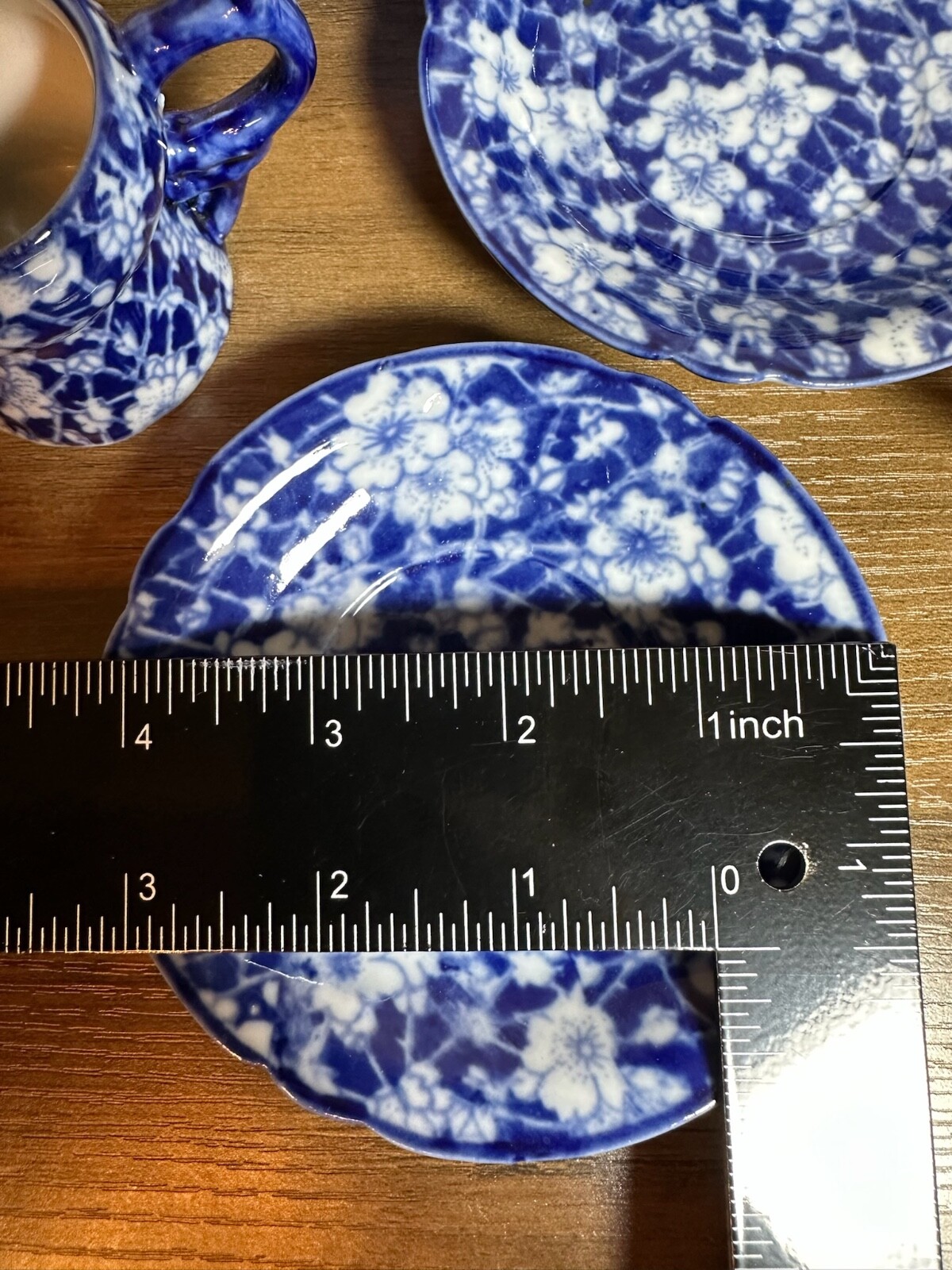 Victoria Ware Stoneware Small Tea Cups Saucers Sugar Creamer Cobalt Flue Floral
