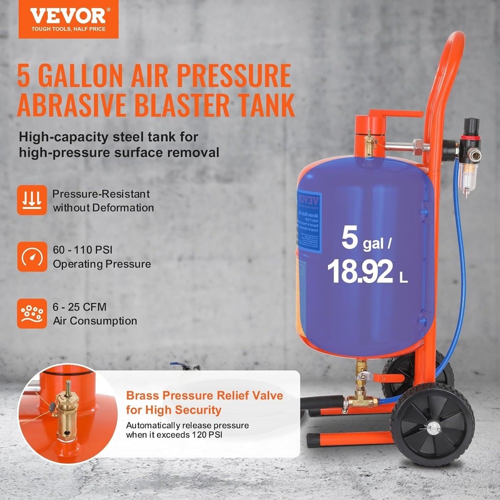 Portable 5 Gallon Sand Blaster with Adjustable Pressure & Smooth Operation