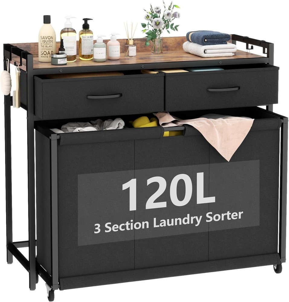 Laundry Hamper Laundry Basket with 3 Section Pull-Out Rolling Bags, Laundry Sort
