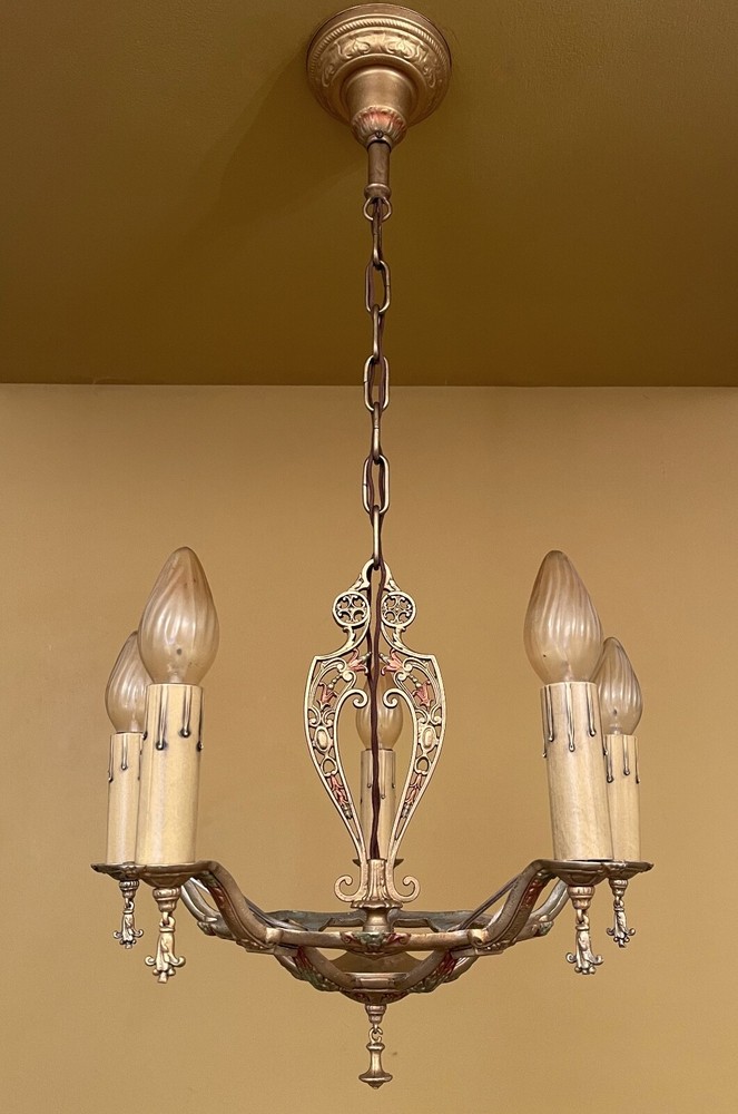 Vintage Lighting 1920s polychrome chandelier. New cloth wiring!