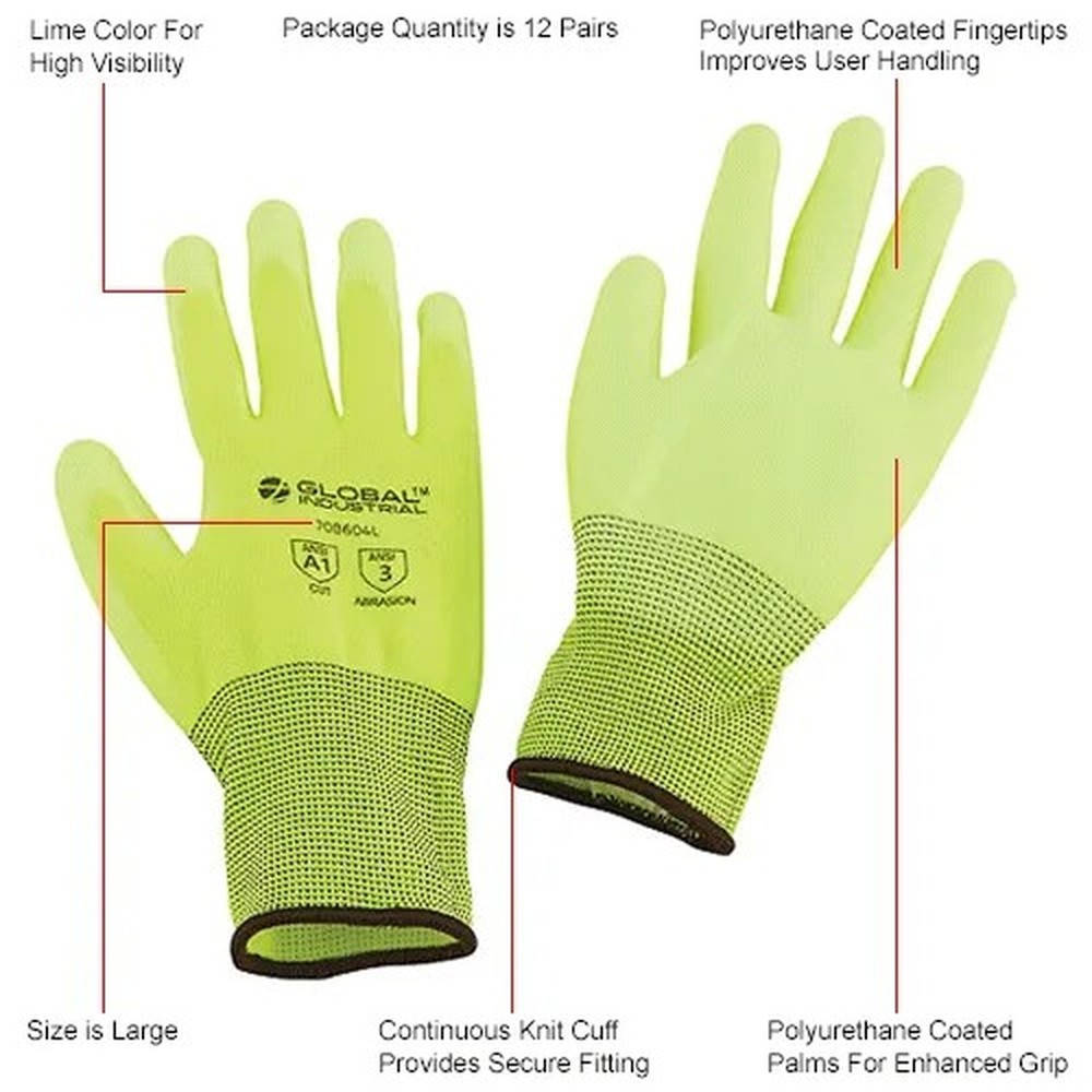 Flat Polyurethane Coated Gloves, Hi-Viz Lime, Large - Pkg Qty 12