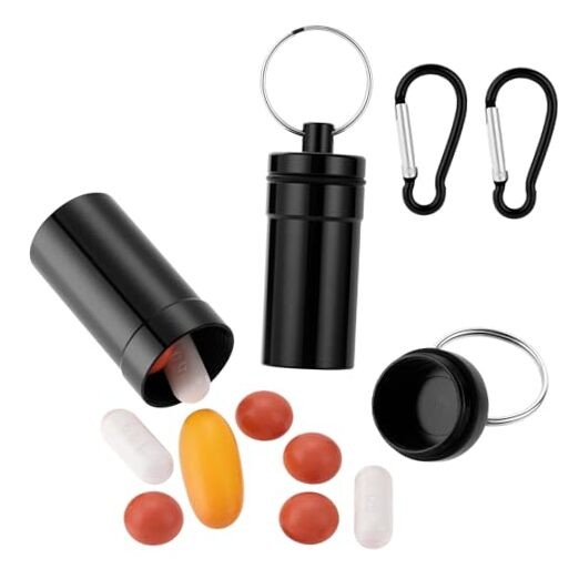 Keychain Pill Holder for Nitroglycerin, 2 Pack Mini Waterproof Black + Black