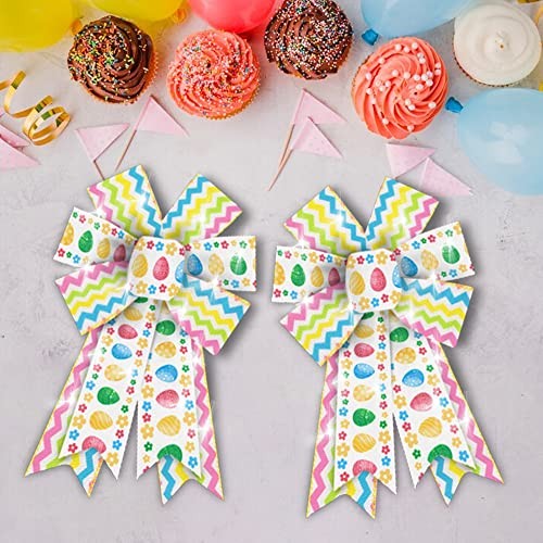 Threetols 2PCS LED Easter Wreath Bows, LED Light Spring Colorful Stripe Bows