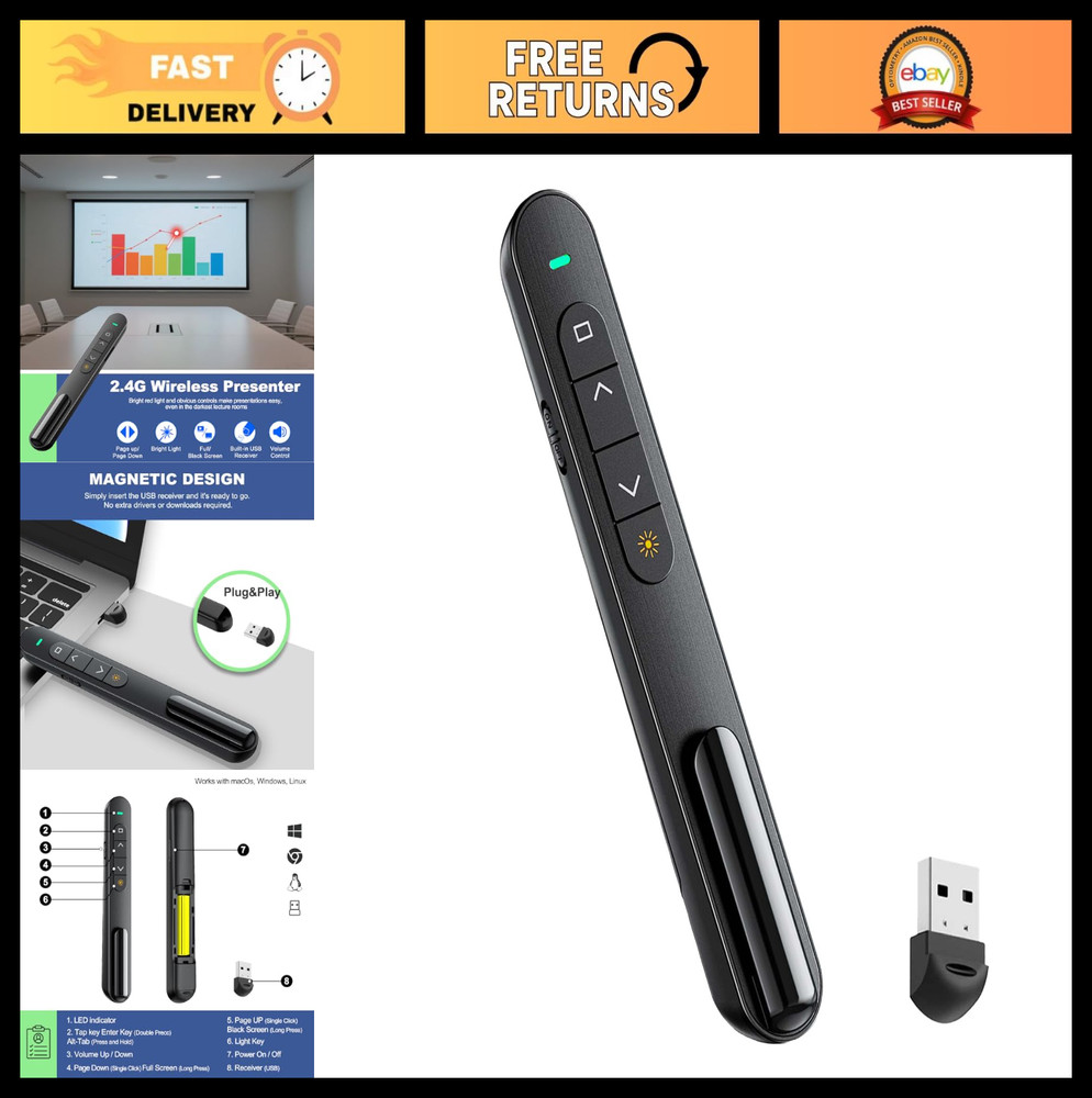 10 Pack Wireless Presentation Clicker with Volume Control, RF 2.4GHz for PowerPo