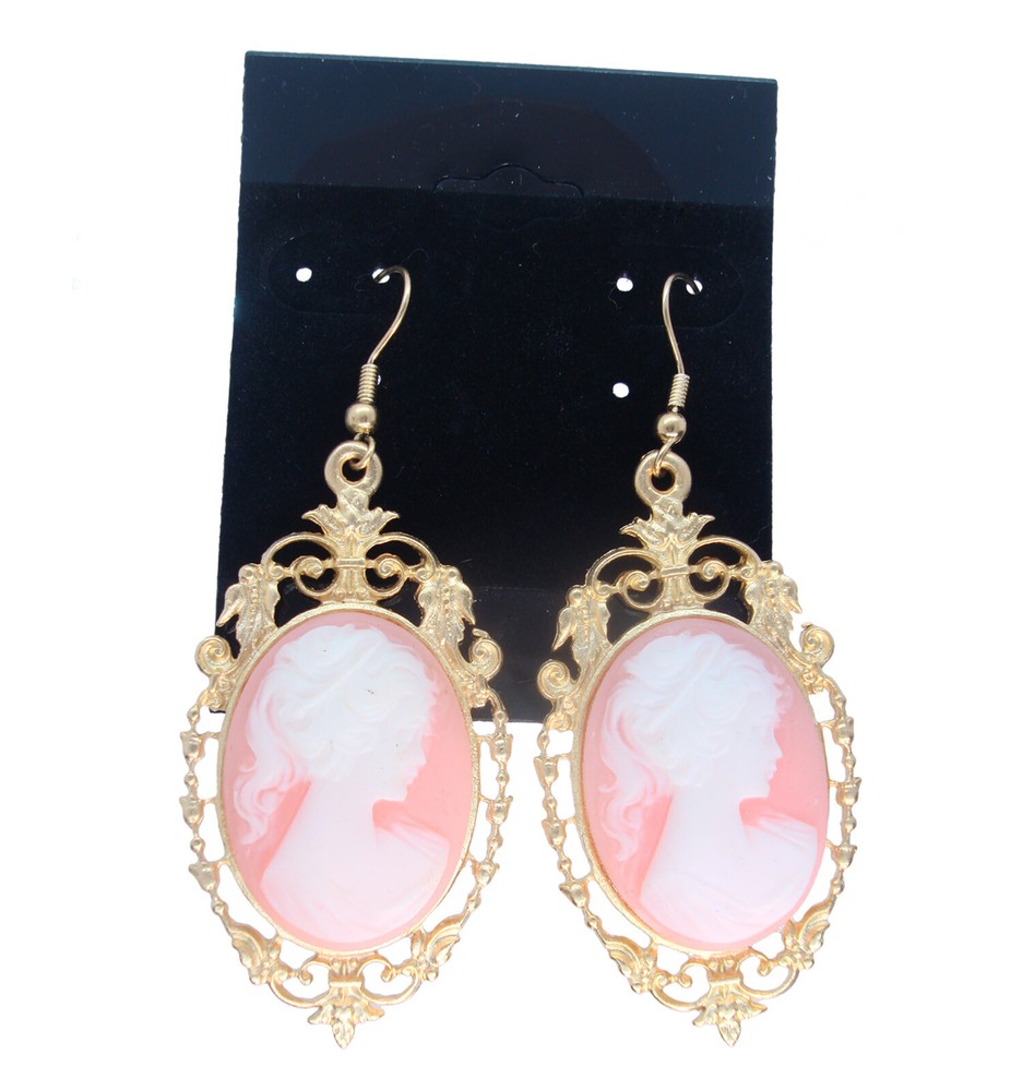 Huge Oversized Cameo Fish Hook Pierced Earrings 2"